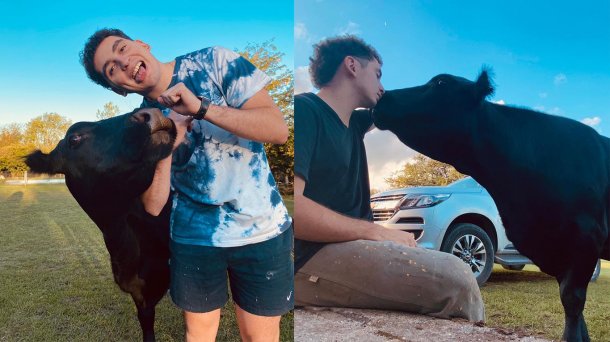 Facundo Aguilera, el joven que rescató hace 12 años a Clota, la "vaca perro" que hoy es una estrella de TikTok